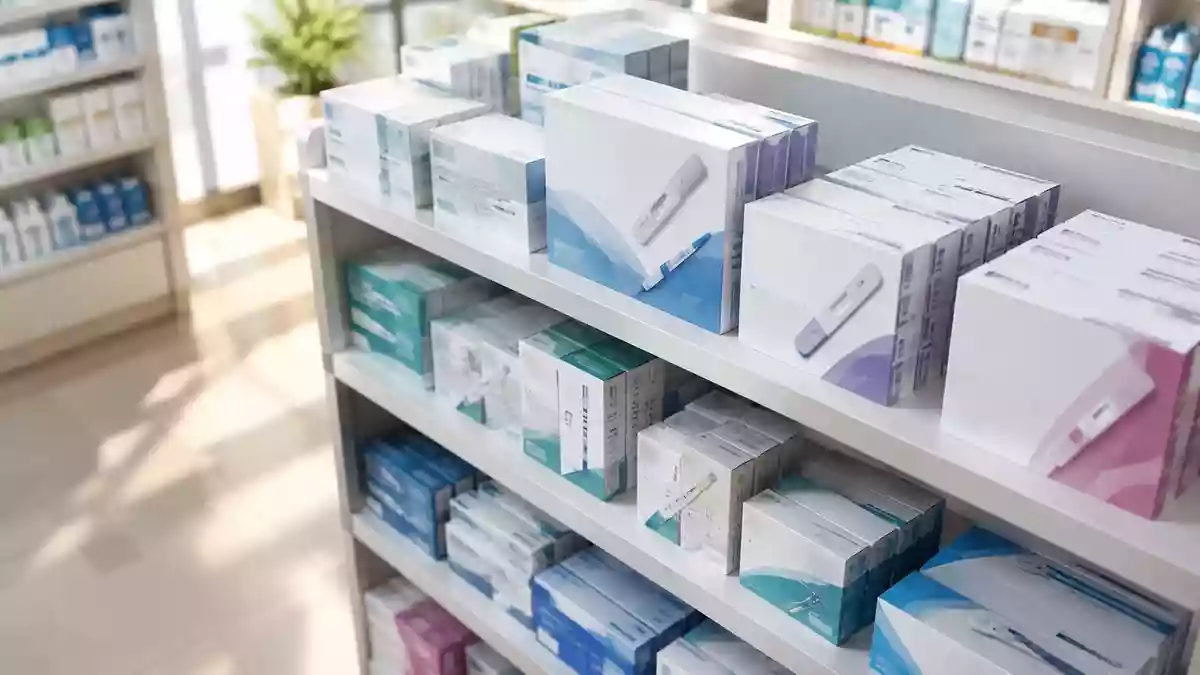 Nahaufnahme von ordentlich sortierten medizinischen Schnelltests in den Regalen einer modernen Apotheke. Illustration mit AI erstellt.