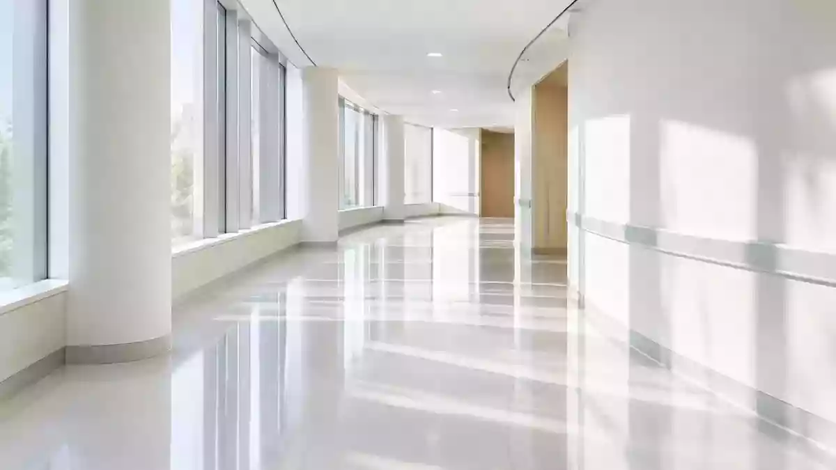Modernes, minimalistisches Krankenhaus-Interieur mit klaren Linien und hellem, natürlichem Licht. Illustration mit AI erstellt.