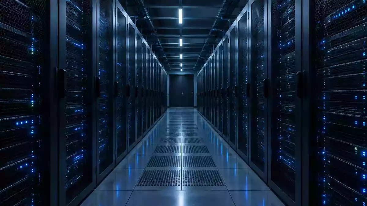 Leere Serverraum-Gänge mit Reihen von metallischen Server-Racks in kühler, bläulicher Beleuchtung. Illustration mit AI erstellt.