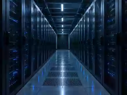 Leere Serverraum-Gänge mit Reihen von metallischen Server-Racks in kühler, bläulicher Beleuchtung. - Foto: über boerse-global.de