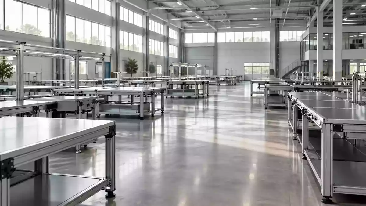Moderne, leere Industriehalle mit modularen Fertigungsplattformen und natürlichem Lichteinfall. Illustration mit AI erstellt.