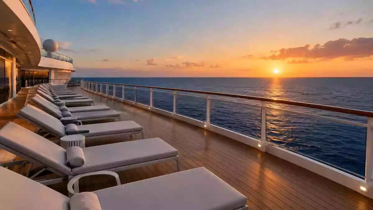 Leeres Sonnendeck eines Kreuzfahrtschiffes bei Sonnenuntergang vor weitem Meer Illustration mit AI erstellt.