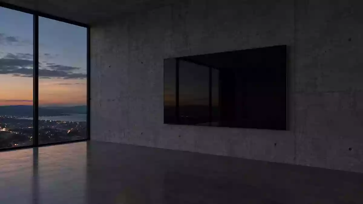 Ein moderner, minimalistischer Wohnraum mit einem ausgeschalteten, dunklen Fernsehbildschirm an einer kahlen Betonwand. Illustration mit AI erstellt.