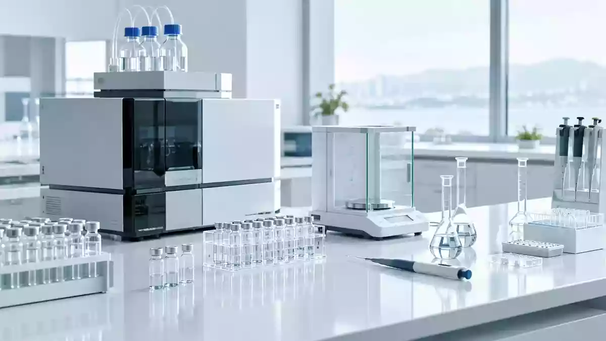 Ein klinisches Labor mit präzisen Messinstrumenten und Glasgefäßen auf einem sauberen Labortisch. Illustration mit AI erstellt.