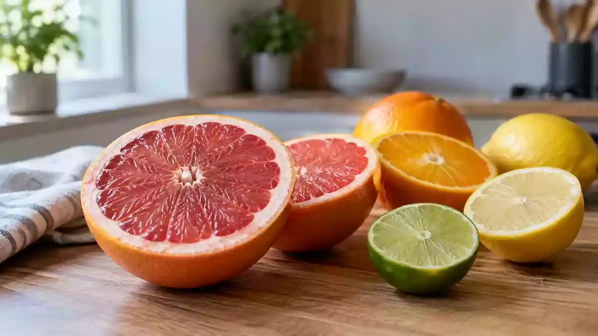 Halbierte Grapefruits und Zitrusfrüchte auf einer minimalistischen Holzoberfläche in hellem, natürlichem Licht. Illustration mit AI erstellt.