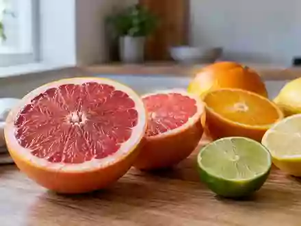 Halbierte Grapefruits und Zitrusfrüchte auf einer minimalistischen Holzoberfläche in hellem, natürlichem Licht. - Foto: über boerse-global.de
