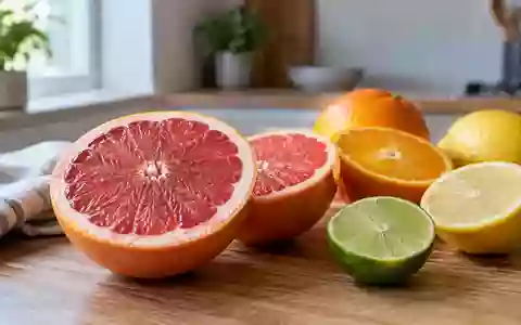Halbierte Grapefruits und Zitrusfrüchte auf einer minimalistischen Holzoberfläche in hellem, natürlichem Licht. - Foto: über boerse-global.de