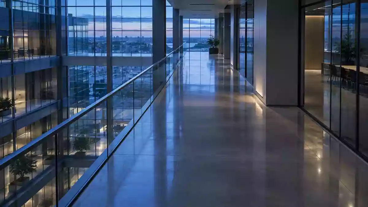 Ein minimalistischer, leerer Büroflur in einem modernen Gebäude mit kühlem, blauem Licht und klaren architektonischen Linien. Illustration mit AI erstellt.