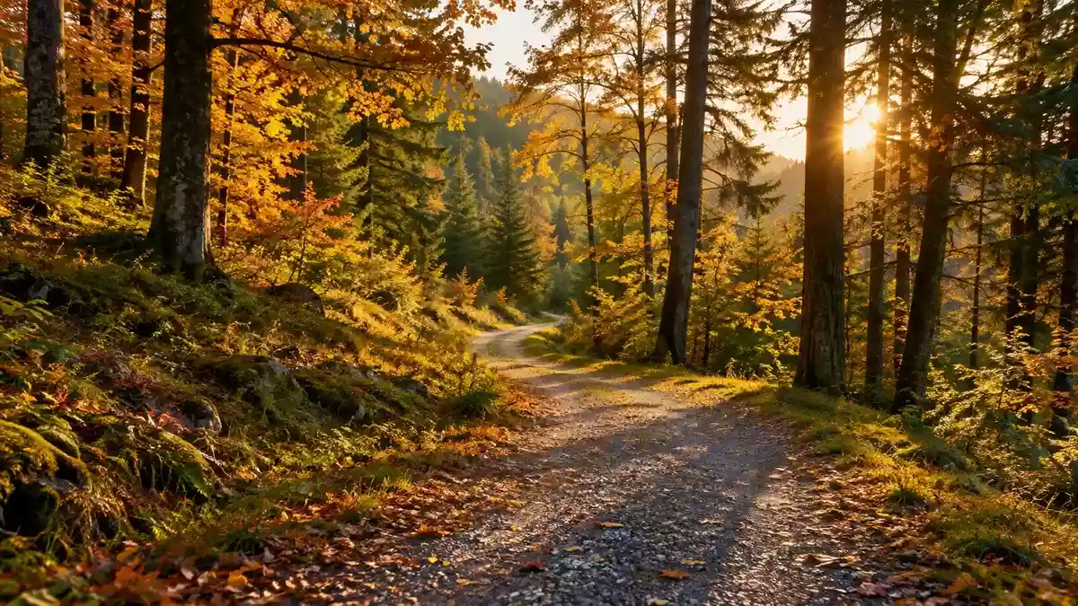 Ein gewundener Kiesweg in einem sonnendurchfluteten Wald, der zu regelmäßiger Bewegung im Alltag einlädt. Illustration mit AI erstellt.