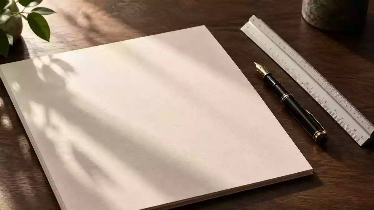 Hochwertiges Briefpapier und ein Lineal auf einem dunklen Holztisch in natürlichem Licht. Illustration mit AI erstellt.