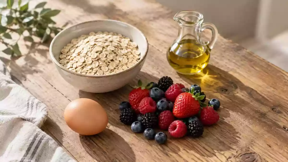 Frische Zutaten wie Haferflocken, Beeren und ein Ei auf einem Holztisch, die eine ausgewogene Ernährung symbolisieren. Illustration mit AI erstellt.