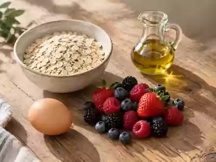 Frische Zutaten wie Haferflocken, Beeren und ein Ei auf einem Holztisch, die eine ausgewogene Ernährung symbolisieren. - Foto: über boerse-global.de