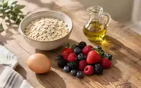 Frische Zutaten wie Haferflocken, Beeren und ein Ei auf einem Holztisch, die eine ausgewogene Ernährung symbolisieren. - Foto: über boerse-global.de