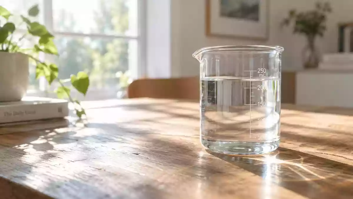 Sonnenlicht fällt durch ein Fenster auf einen hölzernen Tisch mit einem Glas Wasser, symbolisch für Gesundheit und Prävention. Illustration mit AI erstellt.