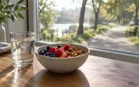 Ein minimalistisch gedeckter Küchentisch mit frischen Lebensmitteln und einem Glas Wasser in natürlichem Morgenlicht. - Foto: über boerse-global.de