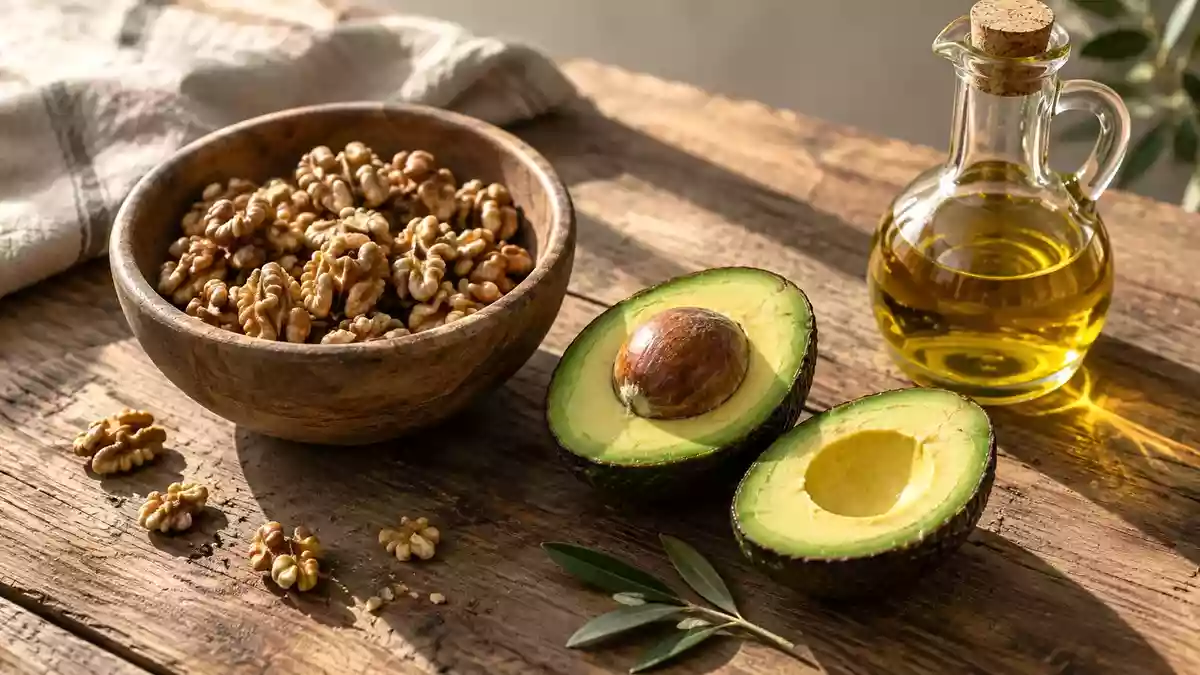 Gesunde Lebensmittel wie Nüsse, Avocado und Olivenöl auf einem rustikalen Holztisch bei natürlichem Licht. Illustration mit AI erstellt.
