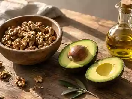 Gesunde Lebensmittel wie Nüsse, Avocado und Olivenöl auf einem rustikalen Holztisch bei natürlichem Licht. - Foto: über boerse-global.de