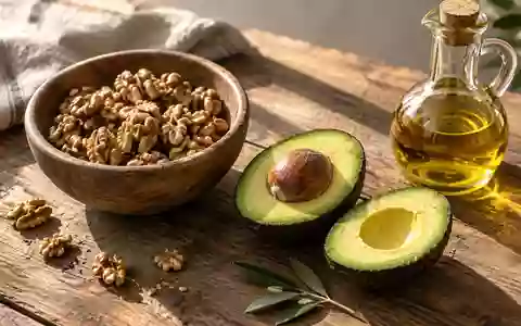 Gesunde Lebensmittel wie Nüsse, Avocado und Olivenöl auf einem rustikalen Holztisch bei natürlichem Licht. - Foto: über boerse-global.de