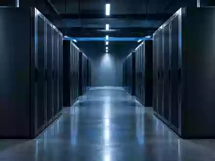 Reihen von dunklen Serverschränken in einem minimalistischen, modern beleuchteten Serverraum. - Foto: über boerse-global.de
