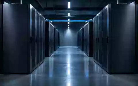 Reihen von dunklen Serverschränken in einem minimalistischen, modern beleuchteten Serverraum. - Foto: über boerse-global.de