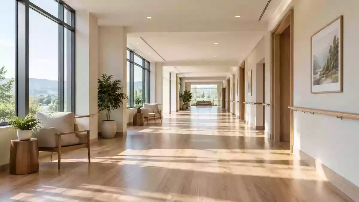 Ein heller, moderner Flur in einer Pflegeeinrichtung mit natürlichem Lichteinfall und minimalistischer Architektur. Illustration mit AI erstellt.