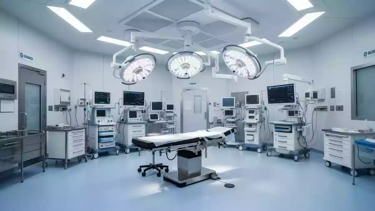 Moderner, steriler Operationssaal in einer Fachklinik mit medizinischer Ausstattung. Illustration mit AI erstellt.