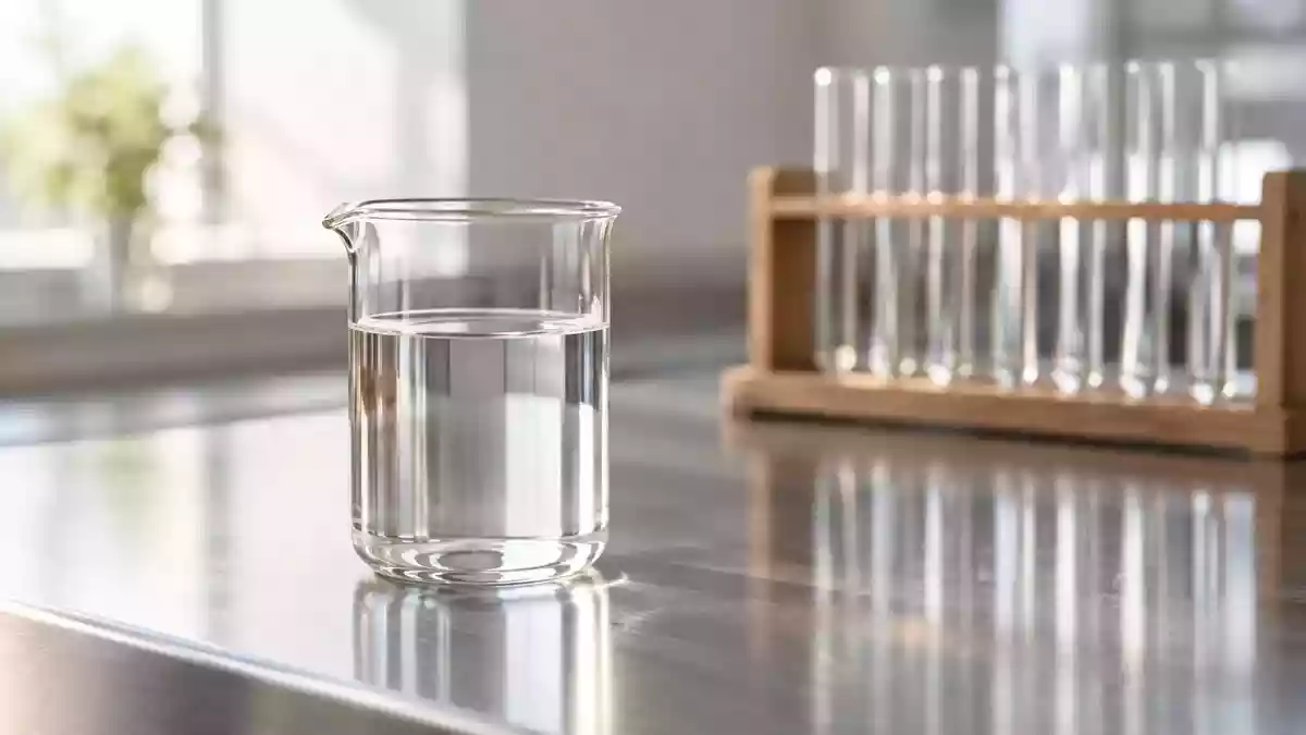 Ein sauberes Glasgefäß mit einer klaren Flüssigkeit steht auf einer Edelstahlfläche in einem modernen Labor. Illustration mit AI erstellt.