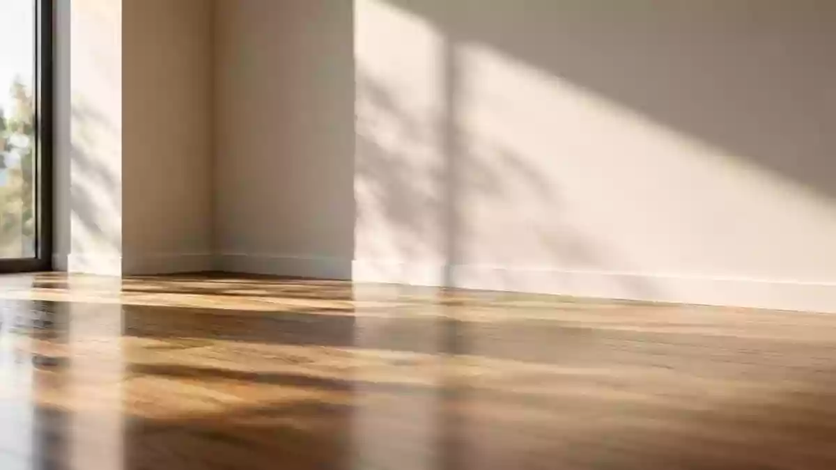 Ein minimalistischer, heller Raum mit einer leeren, neutralen Wand und einem glatten Holzboden, der Ruhe und Raum vermittelt. Illustration mit AI erstellt.