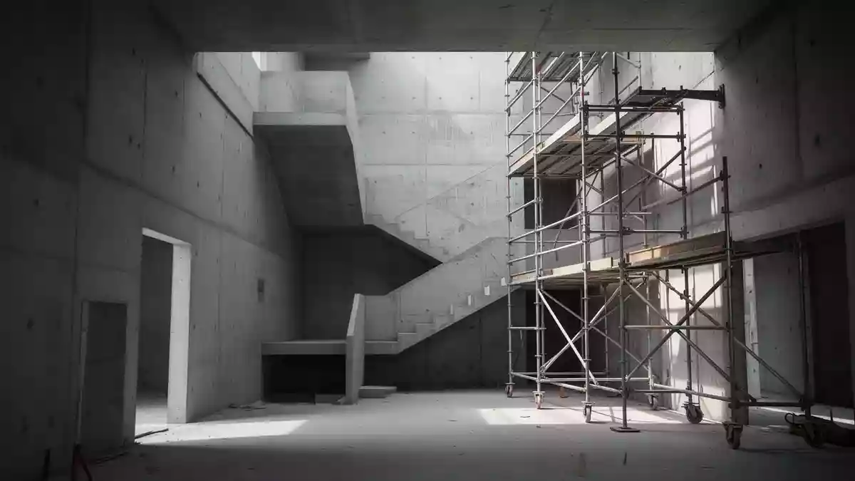 Rohbau eines Gebäudes mit leeren Treppenschächten und Betonwänden auf einer Baustelle. Illustration mit AI erstellt.