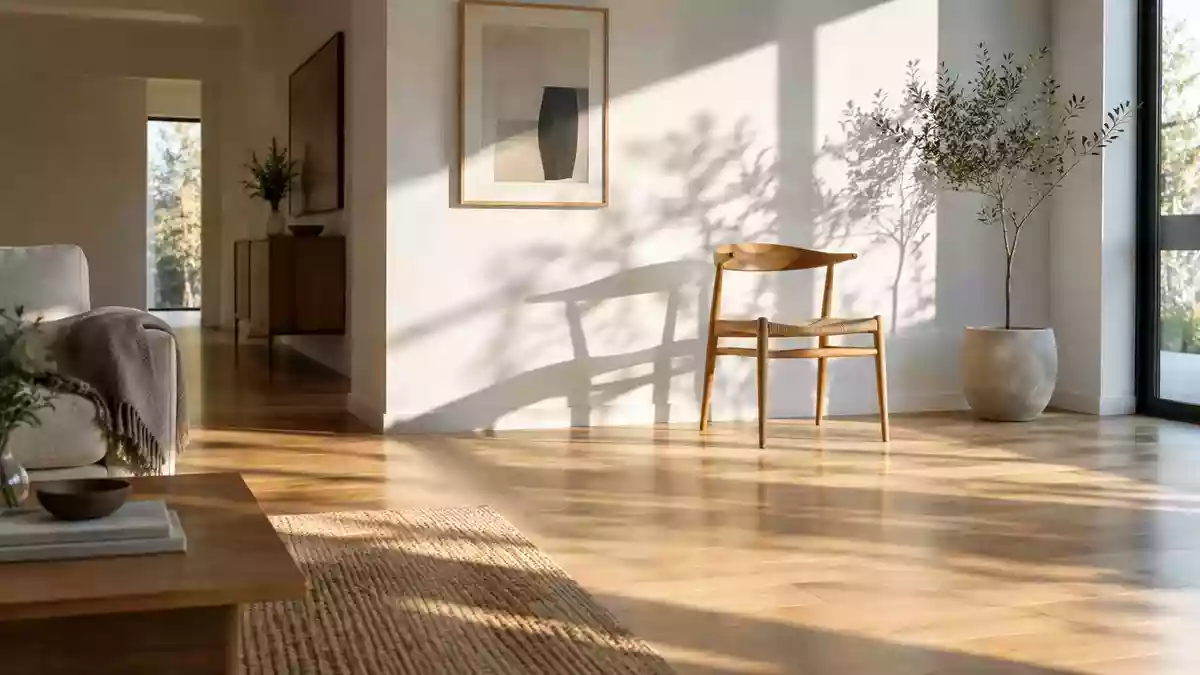 Ein minimalistisch eingerichtetes Wohnzimmer mit einem einzelnen Holzstuhl vor einer hellen Wand bei natürlichem Lichteinfall. Illustration mit AI erstellt.
