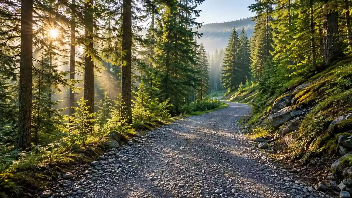 Ein von Sonnenlicht durchfluteter Waldweg aus Schotter und Erde, der durch einen herbstlichen Wald führt. Illustration mit AI erstellt.