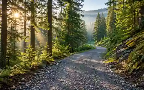 Ein von Sonnenlicht durchfluteter Waldweg aus Schotter und Erde, der durch einen herbstlichen Wald führt. - Foto: über boerse-global.de