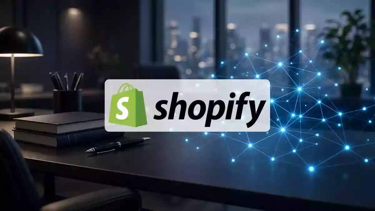 Abstrakte Darstellung von künstlicher Intelligenz und E-Commerce durch digitale Netzwerkverbindungen in einem modernen Büro. Illustration mit AI erstellt.