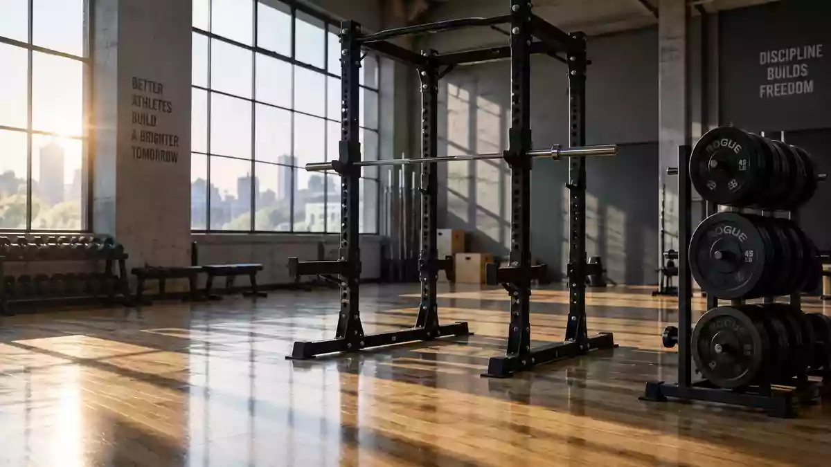 Ein leeres, minimalistisches Fitnessstudio mit einem Hantelständer und ordentlich gestapelten Gewichtsscheiben bei Sonnenlicht. Illustration mit AI erstellt.