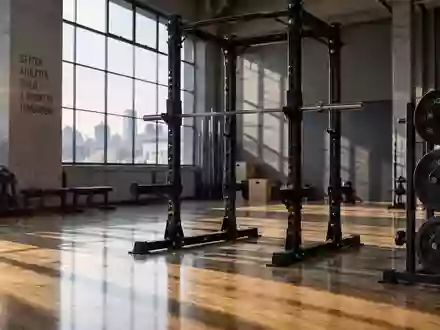Ein leeres, minimalistisches Fitnessstudio mit einem Hantelständer und ordentlich gestapelten Gewichtsscheiben bei Sonnenlicht. - Foto: über boerse-global.de