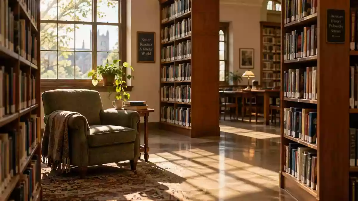 Eine ruhige, von Sonnenlicht durchflutete Bibliotheksecke mit leeren Bücherregalen und einem gemütlichen Sessel. Illustration mit AI erstellt.