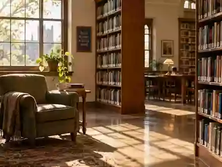 Eine ruhige, von Sonnenlicht durchflutete Bibliotheksecke mit leeren Bücherregalen und einem gemütlichen Sessel. - Foto: über boerse-global.de