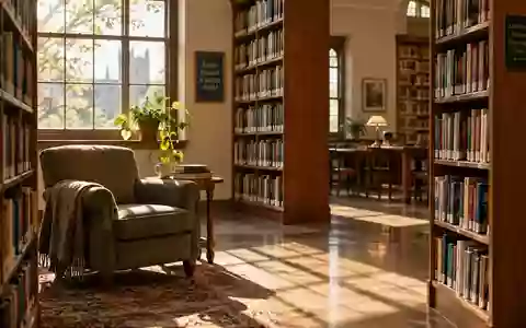 Eine ruhige, von Sonnenlicht durchflutete Bibliotheksecke mit leeren Bücherregalen und einem gemütlichen Sessel. - Foto: über boerse-global.de