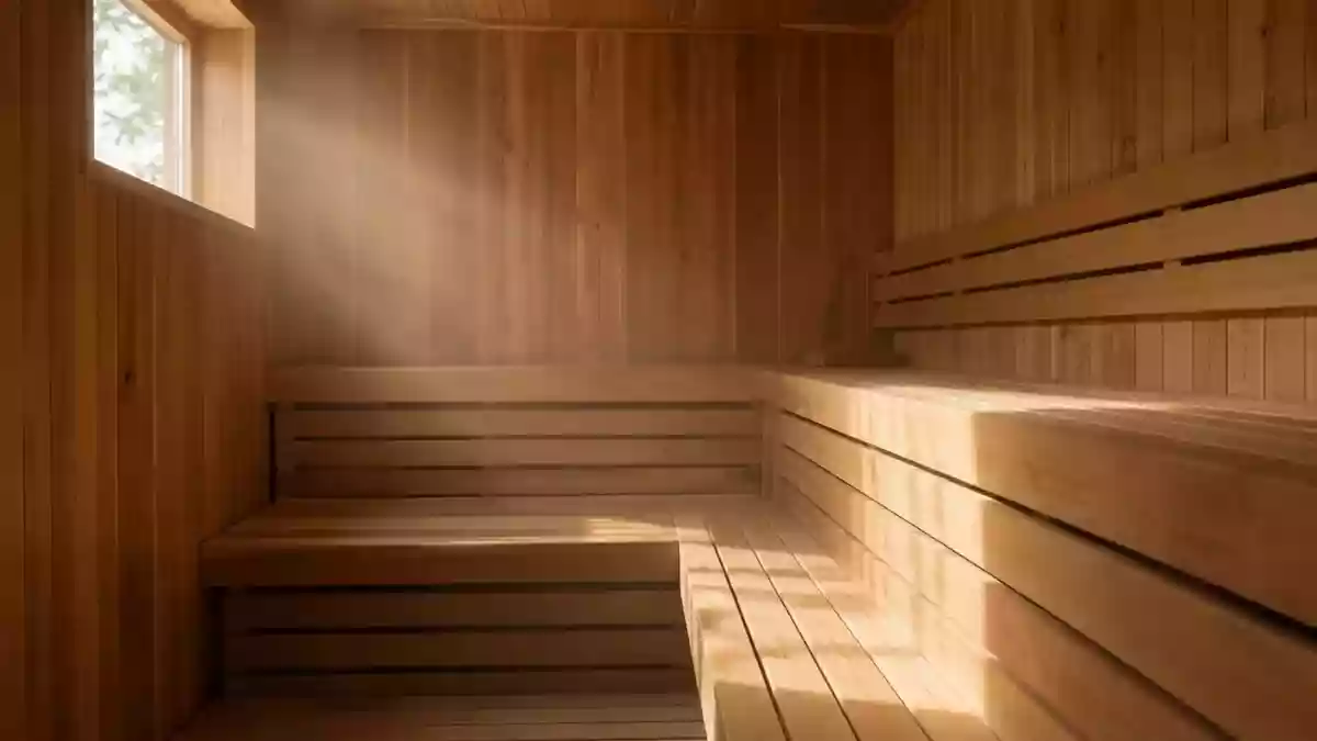 Leeres, minimalistisches Interieur einer finnischen Holzsauna mit hellen Holzbänken in warmem Licht. Illustration mit AI erstellt.
