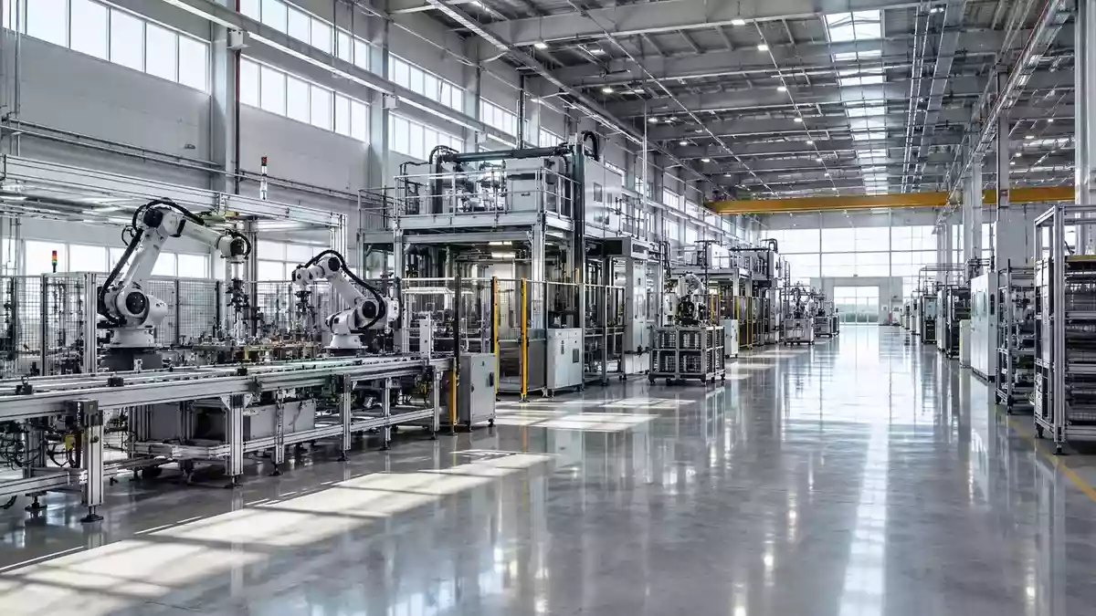 Eine weitläufige, moderne Fabrikhalle mit komplexen automatisierten Fertigungsanlagen und metallischen Strukturen. Illustration mit AI erstellt.