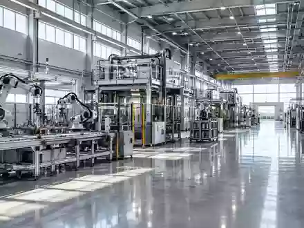 Eine weitläufige, moderne Fabrikhalle mit komplexen automatisierten Fertigungsanlagen und metallischen Strukturen. - Foto: über boerse-global.de