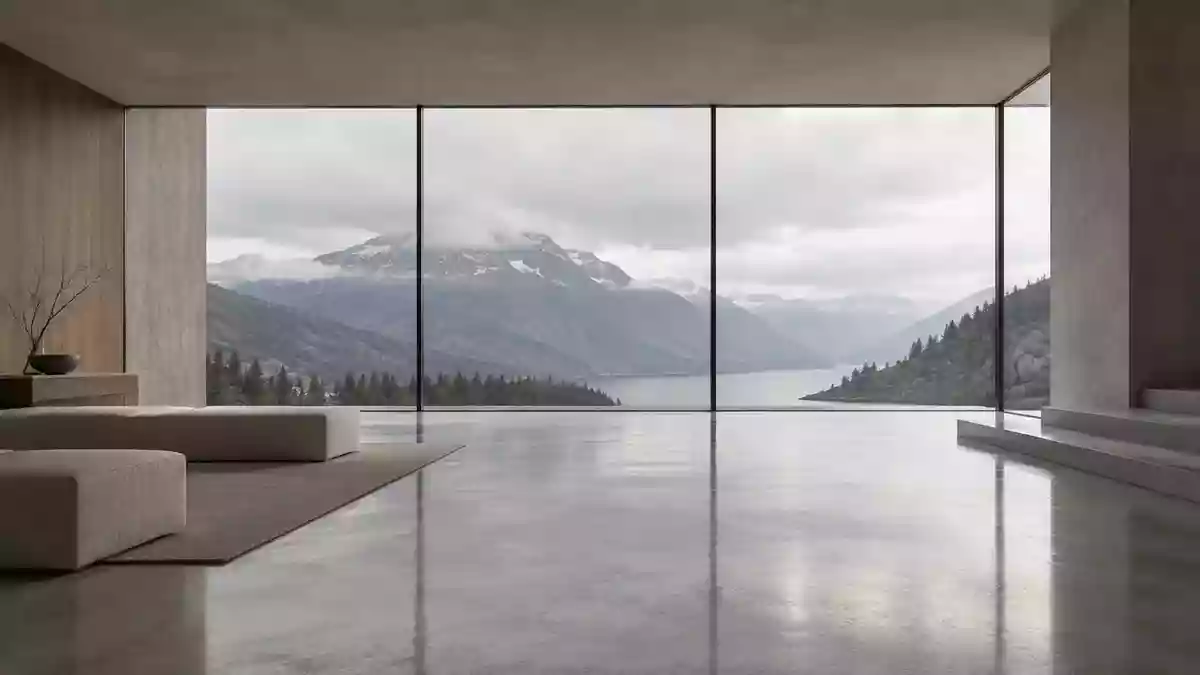 Ein minimalistischer, heller Innenraum mit weichem Tageslicht und Blick auf eine ruhige Berglandschaft. Illustration mit AI erstellt.