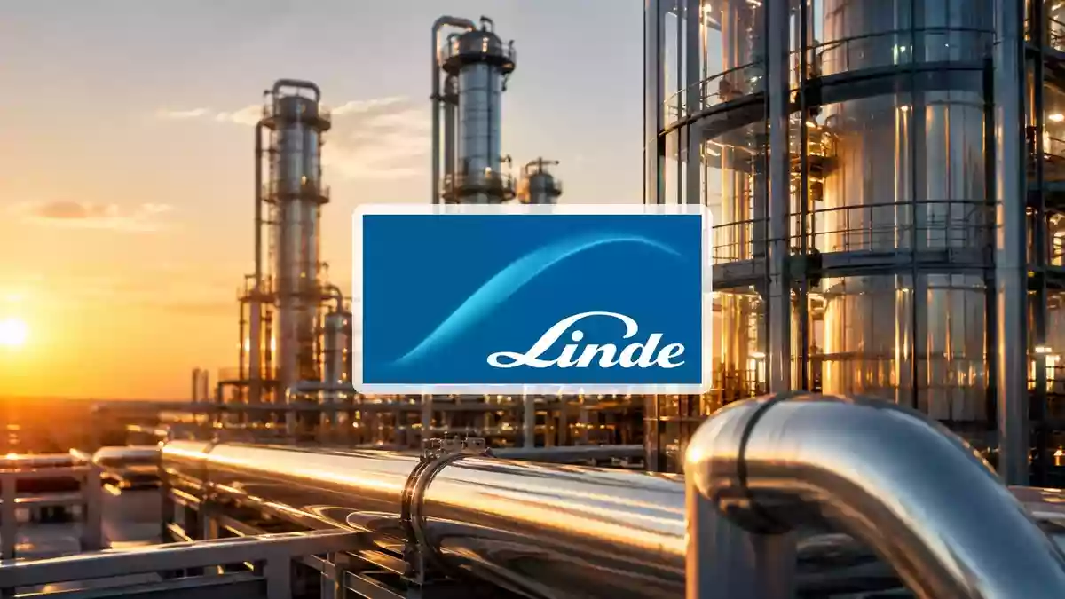 Moderne Industrieanlage mit glänzenden Rohren und Glasfassaden im goldenen Licht, symbolisch für den Industriesektor. Illustration mit AI erstellt.