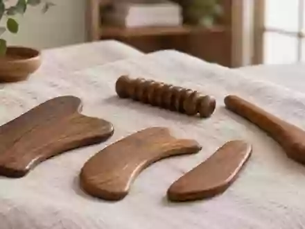 Traditionelle hölzerne Gua-Sha-Instrumente ordentlich auf einem Leinentuch in einer klinischen Umgebung. - Foto: über boerse-global.de