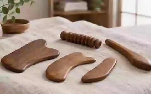 Traditionelle hölzerne Gua-Sha-Instrumente ordentlich auf einem Leinentuch in einer klinischen Umgebung. - Foto: über boerse-global.de