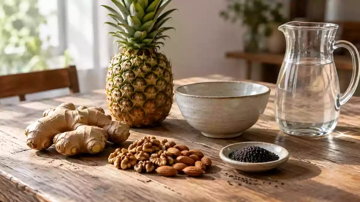 Natürliche Zutaten wie Ingwer, Ananas, Nüsse und Sesam auf einem Holztisch in einer hellen Küche. Illustration mit AI erstellt.