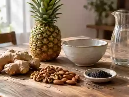 Natürliche Zutaten wie Ingwer, Ananas, Nüsse und Sesam auf einem Holztisch in einer hellen Küche. - Foto: über boerse-global.de