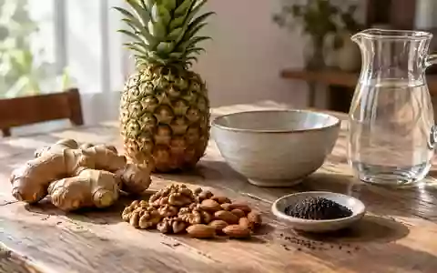 Natürliche Zutaten wie Ingwer, Ananas, Nüsse und Sesam auf einem Holztisch in einer hellen Küche. - Foto: über boerse-global.de