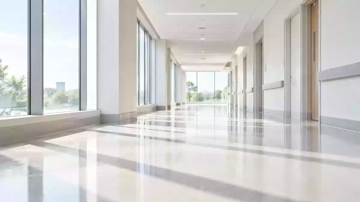 Ein heller, minimalistischer Klinikflur mit poliertem Boden und natürlichem Lichteinfall ohne Personen oder Beschriftungen. Illustration mit AI erstellt.