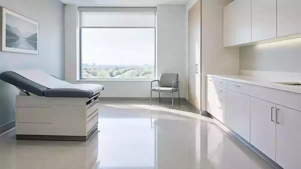 Ein heller, steriler Untersuchungsraum in einer modernen Klinik mit minimalistischer Einrichtung und natürlichem Lichteinfall. Illustration mit AI erstellt.